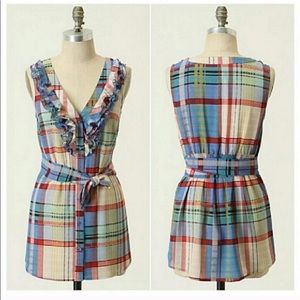 Anthropologie sleeveless plaid ruffle blouse